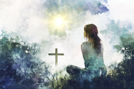 A digital watercolor painting of a young woman on her knees in quiet prayer, gazing at a brilliant cross shining in the sky. The painting's gentle tones and soft light emphasize her connection to the divine, creating an atmosphere of faith and reverenceの素材