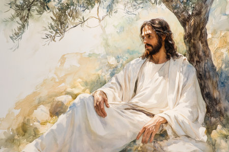 A serene portrait of Jesus in a white robe, sitting under an olive tree. The watercolor background blends shades of green and golden light to evoke a sense of peace and reflection.の素材