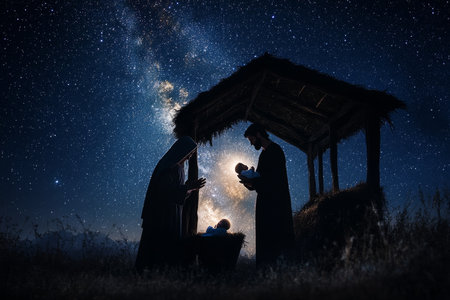 A silhouette of Mary holding baby Jesus, with Joseph standing protectively; glowing starlight filtering through the stable, surrounded by a serene night landscapeの素材