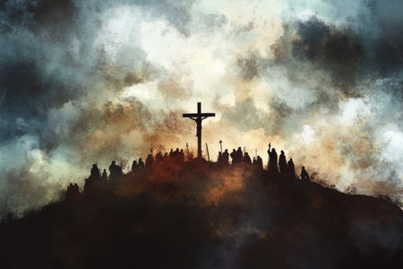 Jesus crucified on a hill with stormy clouds overhead; a digital watercolor style showing rich, emotional colors and subtle detail in the faces of the grieving crowdの素材