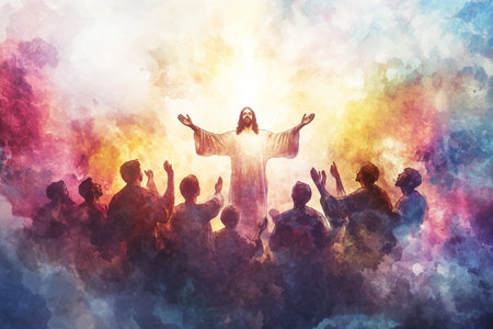 A serene digital watercolor of Jesus ascending into Heaven, His arms outstretched and enveloped in light, with His disciples gazing upwards in awe, surrounded by soft, flowing cloudsの素材