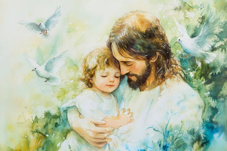 Jesus embracing a child in a peaceful garden, with doves flying in the background. The watercolor uses soft greens, blues, and whites to convey peace, love, and divine tenderness.の素材