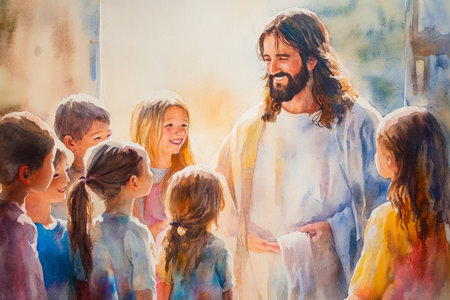 Jesus standing with a group of children, smiling warmly at them, while a soft light surrounds them. The watercolor uses bright, cheerful colors to reflect innocence, love, and divine presence.の素材