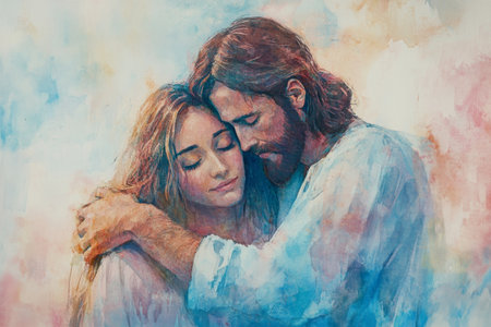 A tender watercolor of Jesus embracing a woman, offering comfort. Soft blues and pinks create a calming atmosphere, emphasizing love, compassion, and divine warmth.の素材