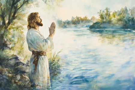 Jesus standing by a river, his hands raised in prayer, with water flowing peacefully around him. The watercolor uses soft blues, greens, and light yellows to convey purity, tranquility, and divine connection.の素材