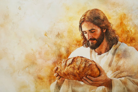 A warm watercolor of Jesus holding a loaf of bread, symbolizing the Last Supper. The backdrop features soft, glowing tones of amber, beige, and faint shadows.の素材
