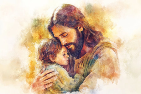 A tender watercolor illustration of Jesus Christ gently holding a child in His arms, with a warm and compassionate expression. The soft brushstrokes create an atmosphere of love and peace, with a light glow surrounding them bothの素材