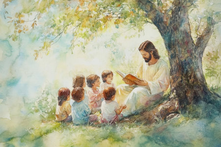 Jesus sitting under a tree, reading scripture to children gathered around him. The watercolor features soft pastels of green, beige, and light blue, creating a serene scene.の素材