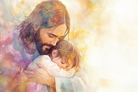 A warm watercolor illustration of Jesus embracing a child, His face radiating love and compassion. The child is comforted in His arms, with the scene set in a peaceful environment, filled with soft, glowing light and divine warmthの素材