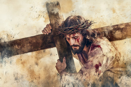 A poignant digital watercolor painting of Jesus carrying the heavy cross, His face filled with determination and sorrow. The background is a muted desert landscape, with soft washes of color to highlight the gravity of the momentの素材