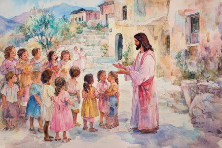 A vibrant watercolor of Jesus blessing children in a village setting, surrounded by families. Soft tones of pink, beige, and blue create an inviting, joyful atmosphere.の素材