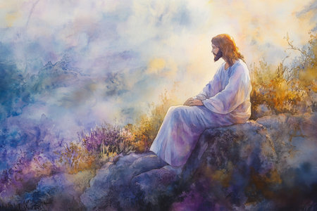 Jesus sitting on a rock, deep in prayer and communion with God. The watercolor uses soft purples, blues, and golds to create a tranquil, sacred moment of devotion.の素材