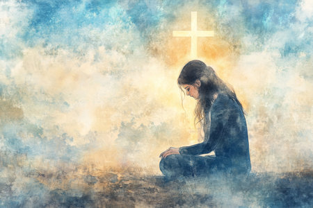 A young woman kneels on the ground, her gaze focused on a luminous cross in the sky, her face filled with reverence. The digital watercolor painting captures the beauty of the moment with soft hues of blues and golds, emphasizing her peaceful worshipの素材