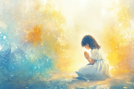 A beautiful digital watercolor scene of a little girl kneeling in worship, her head bowed in reverence. The soft, colorful background flows around her, with gentle hues of gold and blue, creating a sense of divine presence and purity in her prayerの素材