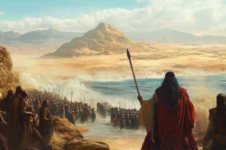 A digital painting of the Israelites escaping Egypt, with Moses at the forefront, his staff raised as the waters of the Red Sea part. The desert landscape stretches into the horizon, while the Egyptian soldiers pursue from behind, creating a sense of urgency and divine protection.の素材