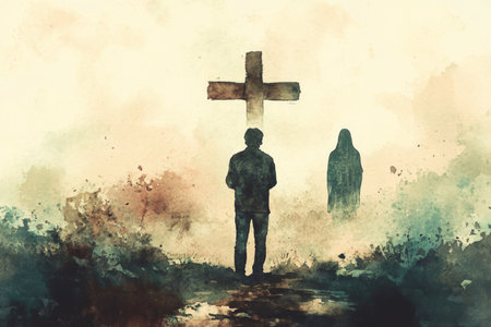 A man in a humble prayer stance before a Christian cross, with the soft silhouette of Jesus in the background, rendered in delicate watercolor strokes, the atmosphere is peaceful and filled with spiritual reverenceの素材