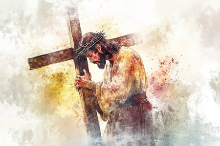 A digital watercolor illustration of Jesus taking up His cross, the weight of the burden reflected in His face. The background fades into soft hues, symbolizing the pain and sacrifice of the moment, while His figure stands strong, embodying grace and courage despite the suffering.の素材
