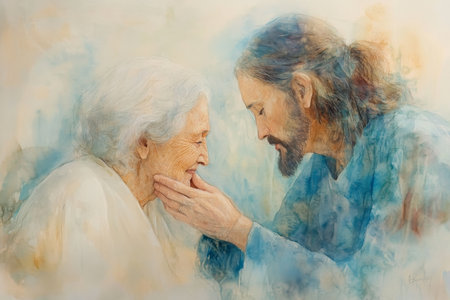 A tender watercolor of Jesus holding the hand of an elderly woman, comforting her. The painting features soft pastels of blue, beige, and light pink to evoke love and kindness.の素材