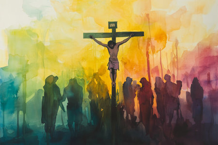 A vivid yet tender watercolor of Jesus on the cross surrounded by grieving figures, the colors blending softly to depict the sacredness and pain of the momentの素材