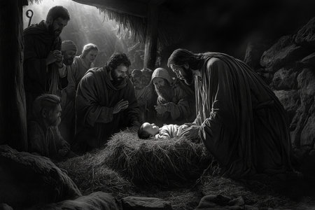 A monochromatic digital illustration of Mary, Joseph, and baby Jesus in the manger, with shepherds gathered around in awe. The scene is portrayed in rich black and white details, with soft shading and lines emphasizing the holy and intimate momentの素材