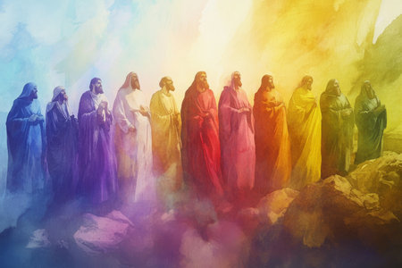 The twelve disciples gathered in a biblical setting, each with distinct expressions of faith and reverence, illuminated by soft, ethereal watercolor light against an ancient backdropの素材