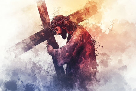 A digital watercolor illustration of Jesus taking up His cross, the weight of the burden reflected in His face. The background fades into soft hues, symbolizing the pain and sacrifice of the moment, while His figure stands strong, embodying grace and courage despite the suffering.の素材