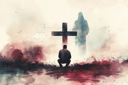 A Christian man kneeling in prayer before a large cross, with a soft silhouette of Jesus in the background, all bathed in gentle watercolor light, evoking a sense of reverence and devotionの素材