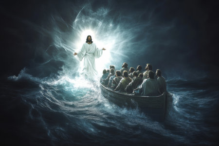 A striking digital painting of Jesus walking on the water, with light emanating from His figure and calming the storm. The disciples in the boat are stunned, some reaching out towards Him in disbelief, while the waters remain still beneath His feet.の素材