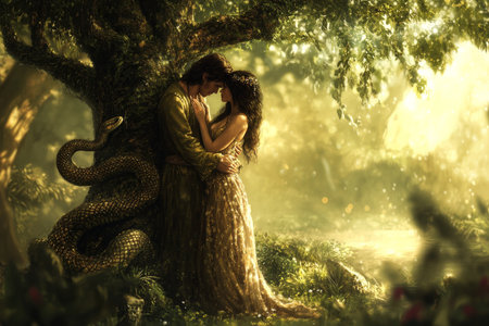 A detailed digital painting of Adam and Eve in the Garden of Eden, with the serpent wrapped around the tree in the background. The couple is depicted in a moment of peaceful harmony, unaware of the temptation looming above them. The garden is rich with exotic flora and the soft glow of a divine morning lightの素材