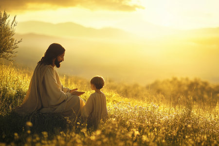A tranquil scene of Jesus teaching a child in a field, with the sun setting behind them. Soft golden tones and the calm green grass represent peace, wisdom, and divine love.の素材