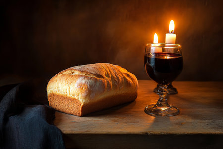 An elegant scene showing a loaf of bread and a chalice of wine on a polished wooden table. The soft glow of candlelight highlights the symbols of the body and blood of Christ, creating a tranquil and spiritual atmosphere for the Holy Communion.の素材