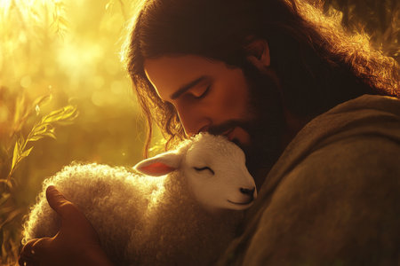 A conceptual digital painting of Jesus cradling a small lamb in His arms, with His eyes closed in prayer and peace. The scene is bathed in warm, golden light, symbolizing divine care and protection, creating a sense of nurturing love and graceの素材