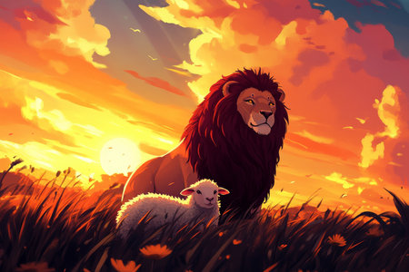 A symbolic digital illustration of a lion and a lamb together in a meadow at sunset, representing the dual nature of Jesus Christ. The lion stands proud and powerful, while the lamb rests calmly by its side, highlighting the contrast between strength and sacrifice in the figure of Christの素材