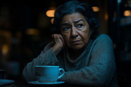 A Hispanic teacher senior woman sitting in a dimly lit staff room, staring blankly at a cup of coffee, her slouched posture showing deep frustrationの素材