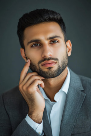 A young Arabian man confidently touching his cheek with a thoughtful expression, emphasizing his clear and healthy skin in a modern, professional settingの素材