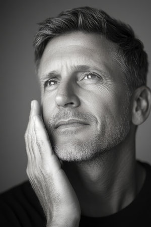 A Caucasian middle-aged man with smooth, hydrated skin gently placing his hand on his cheek, set against a clean, monochrome background with subtle lightingの素材