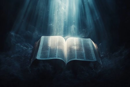 A Bible open to a passage, placed on a dark background. Rays of bright light cascade from above, illuminating the text with a heavenly glow, while the surrounding darkness adds a sense of mystery and sacredness to the scene.の素材