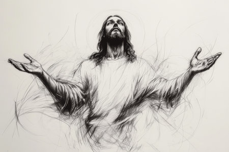A sketch of Jesus Christ, drawn in delicate pencil lines with His hands outstretched, surrounded by a white space that invites thoughtful copy or spiritual messagesの素材