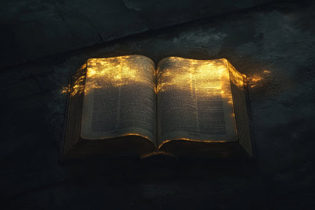 A Bible resting open on a dark, shadowy surface, with rays of golden light breaking through the darkness and illuminating the pages. The light creates a divine glow on the text, emphasizing the sacredness of the Scripture in the midst of darkness.の素材