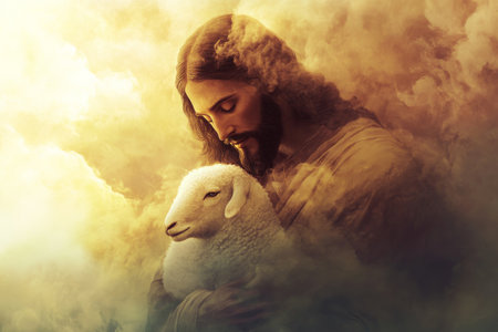A digital painting of Jesus with a lamb in His arms, surrounded by soft clouds of light. His expression radiates warmth and understanding, representing the loving relationship between Christ and His followers in a conceptual and peaceful settingの素材