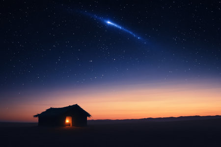 A serene Nativity scene with the silhouette of a stable in the vast desert, bathed in soft light from a bright comet and the twinkling stars above, highlighting the birth of Jesusの素材