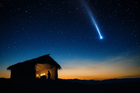 A stunning desert Nativity scene with the silhouette of a stable under a vast, star-filled sky, highlighted by a radiant comet passing overhead, casting light on the sacred momentの素材