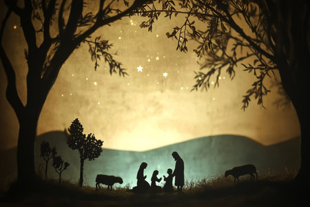 A quiet manger scene with elegant silhouettes of the Holy Family under the brilliance of a celestial star, with distant hills and sheep creating a serene backdropの素材