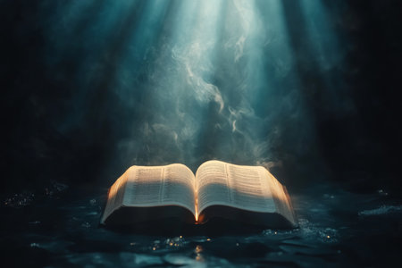 A Bible open to a passage, placed on a dark background. Rays of bright light cascade from above, illuminating the text with a heavenly glow, while the surrounding darkness adds a sense of mystery and sacredness to the scene.の素材