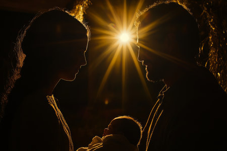 A calm Nativity depiction with silhouettes of Mary and Joseph gazing lovingly at baby Jesus; the bright Star of Bethlehem casting dramatic light over the sceneの素材