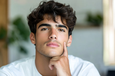 A young Brazilian man with smooth, hydrated skin looking confidently into the camera while lightly touching his chin. His serene expression conveys a skincare-focused lifestyle in a modern, clean settingの素材