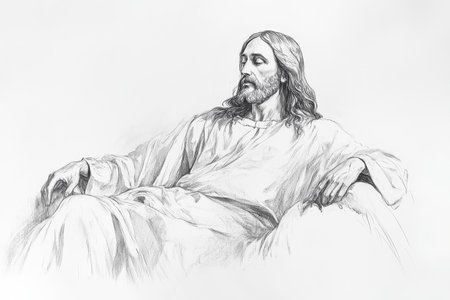 A graceful pencil sketch of Jesus Christ, His figure in gentle repose, set on a white background with expansive space perfect for adding meaningful text or reflectionsの素材