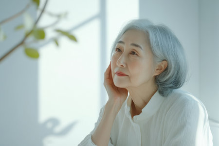 A Japanese senior woman with soft, glowing skin thoughtfully touching her cheek in a minimalistic setting illuminated with soft white light, focusing on natural skincareの素材