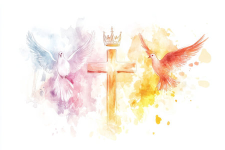 The symbols of the Holy Trinity Ã¢â¬â a cross, a dove of the Holy Spirit, and a crown Ã¢â¬â depicted in watercolor, with soft gradients and light hues set against a white backdrop. The blending delicate of colors emphasizes the divine connection of these Christian symbolsの素材