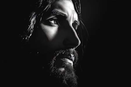 A black and white digital illustration of Jesus Christ, His face framed in soft light and shadows, His expression full of peace and grace. The minimalistic color palette brings a timeless and classic feel to the image, highlighting the emotional power of His gaze.の素材